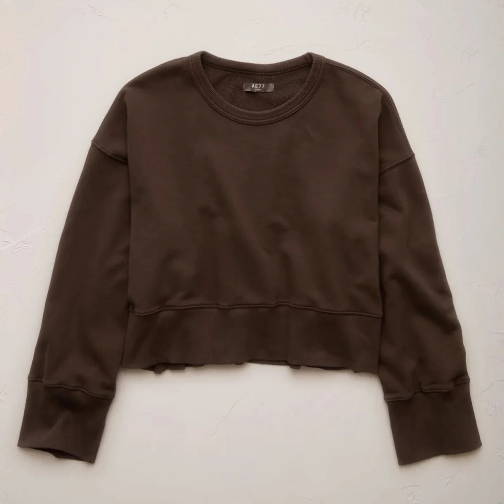 American Eagle AE77 Premium Relaxed Cropped Sweatshirt Organic Cotton Brown Sz S - Picture 3 of 8